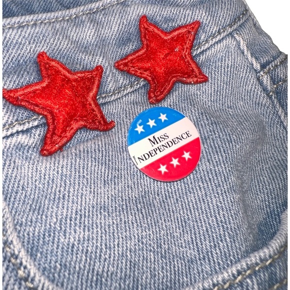 VOTE -USA Mossimo High Rise Denim Shorts with Hamburger Patch July Fourth Size 6 - Picture 2 of 8